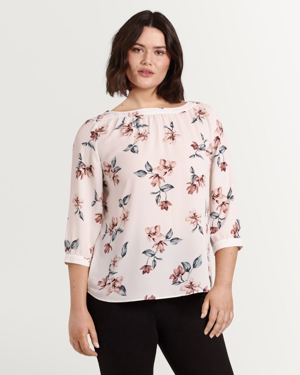 3/4 Sleeve Boat Neck with Band & Shirring Printed Blouse - Petite
