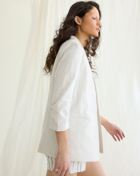 Open Linen Blazer with Ruched Sleeves