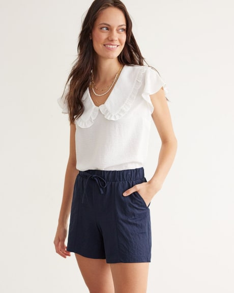 Short-Sleeve V-Neck Blouse with Frill Collar