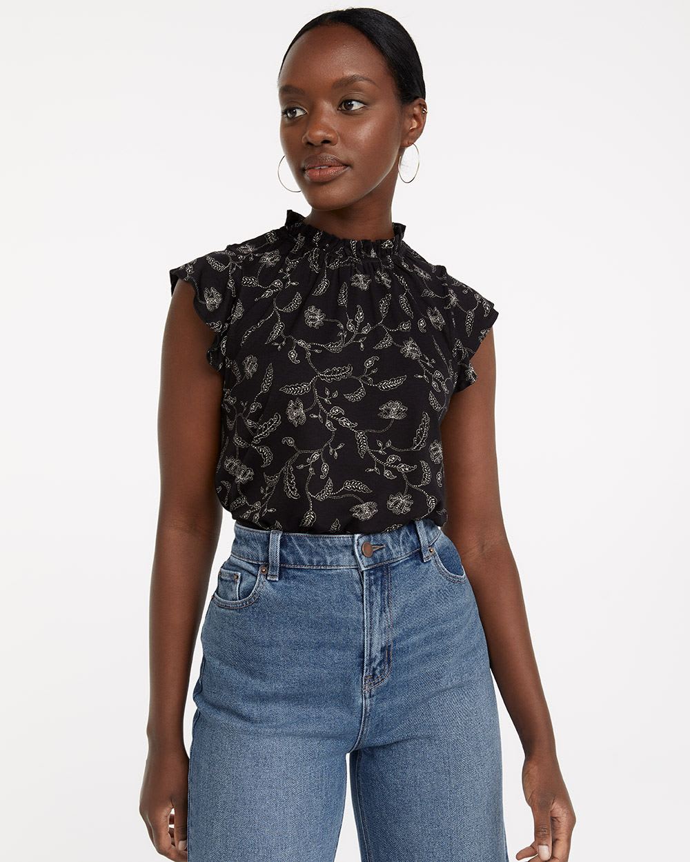 Printed Crew-Neck Top with Extended Ruffled Sleeves