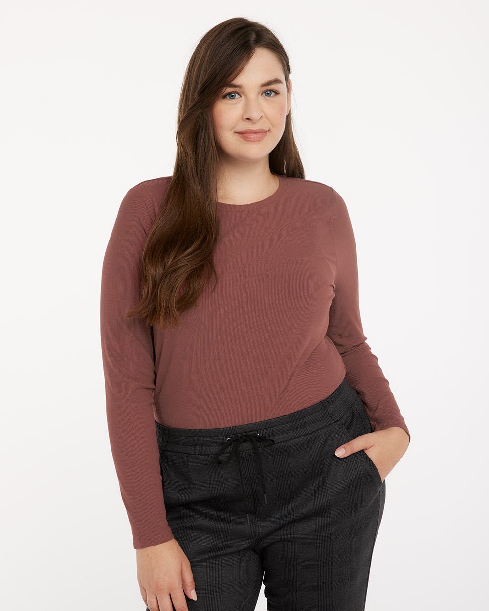 Crew-Neck Ribbed Tee with Long Sleeves