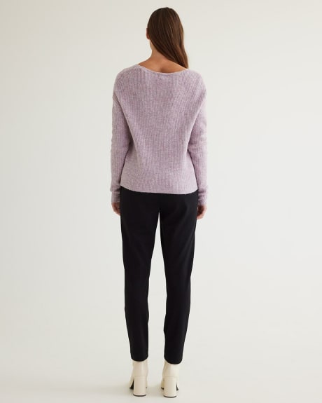 Long-Sleeve V-Neck Sweater with Drawstring at Front