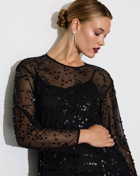 Long-Sleeve Mesh Mini Dress