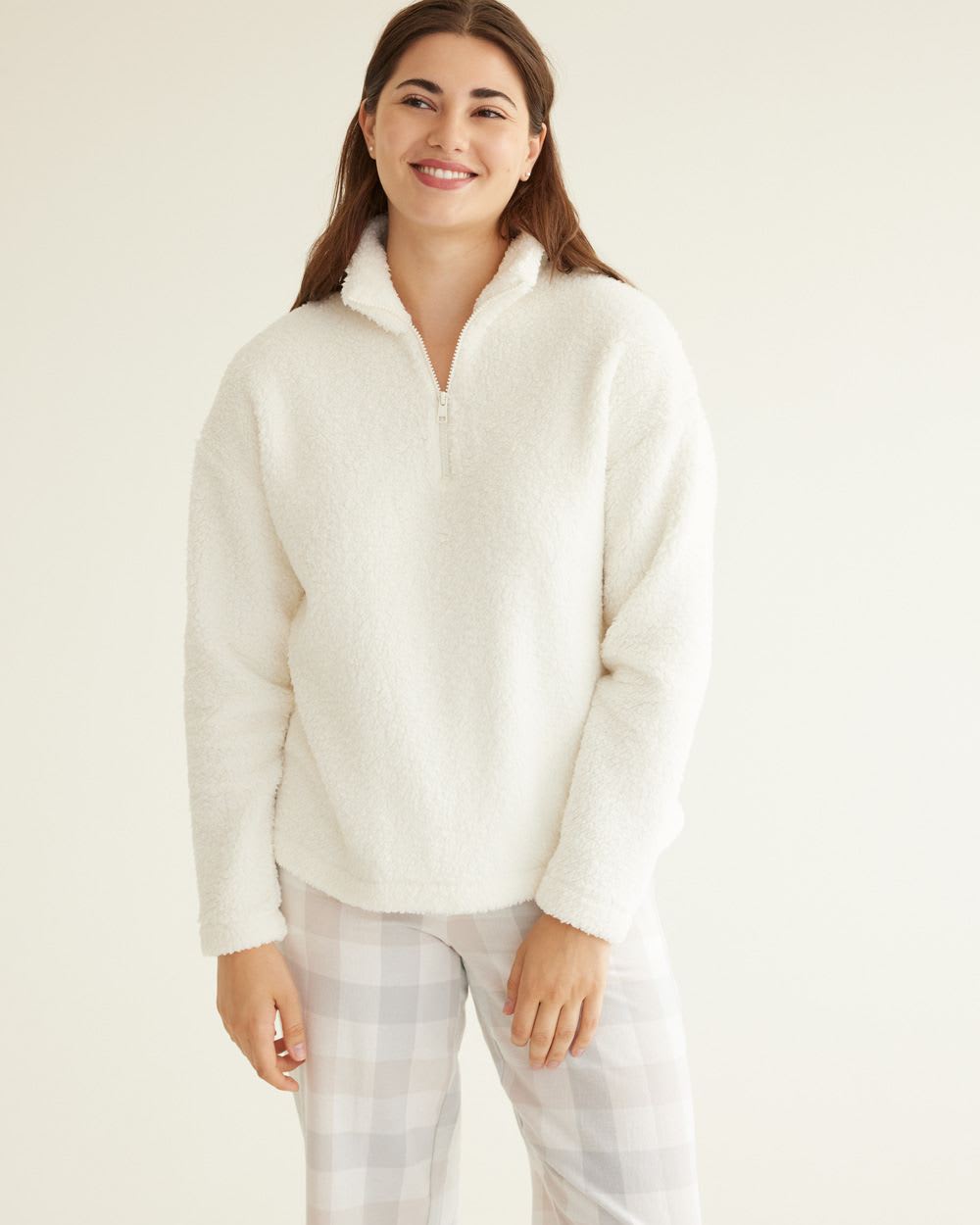 Long-Sleeve Mock-Neck Sherpa Pullover with Half-Zip