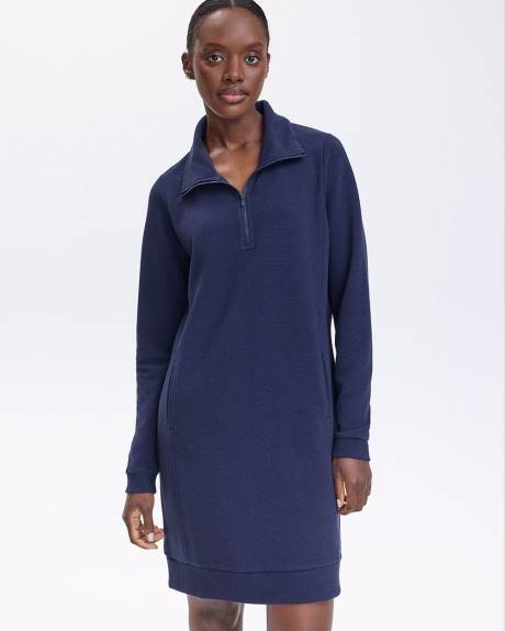 Long-Sleeve Ottoman-Knit Dress with Half-Zip
