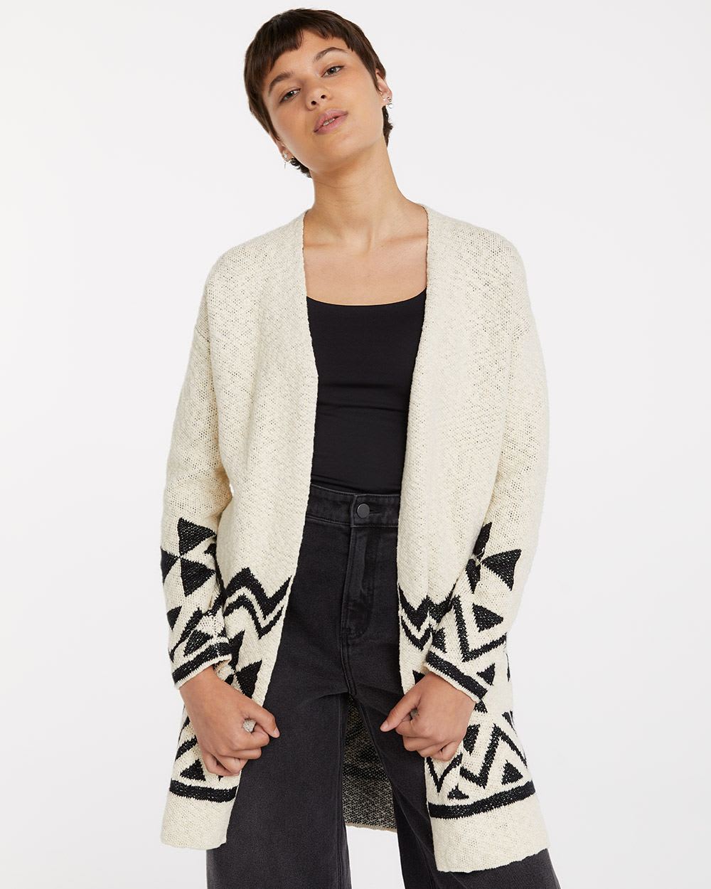 Long-Sleeve Open Cardigan with Jacquard Pattern