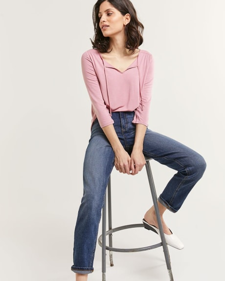 3/4 Sleeve V-Neck Top with Drawstrings