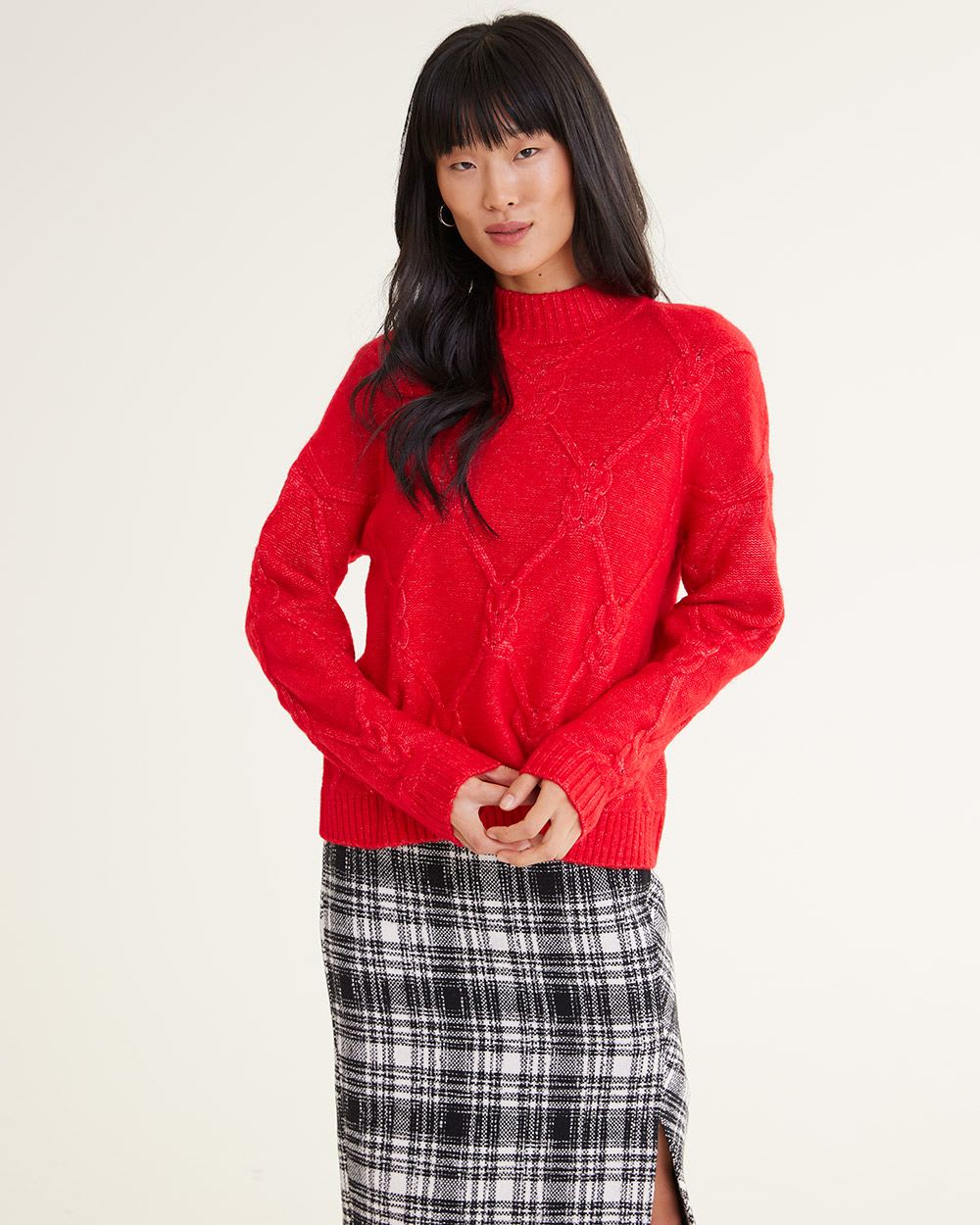 Mock-Neck Cable Knit Pullover