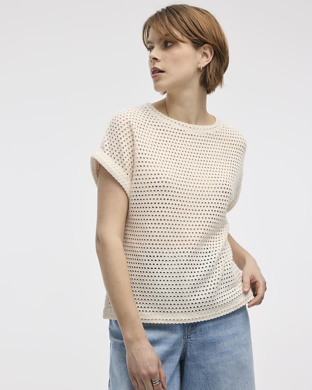 Extended-Sleeve Boat-Neck Mesh Top