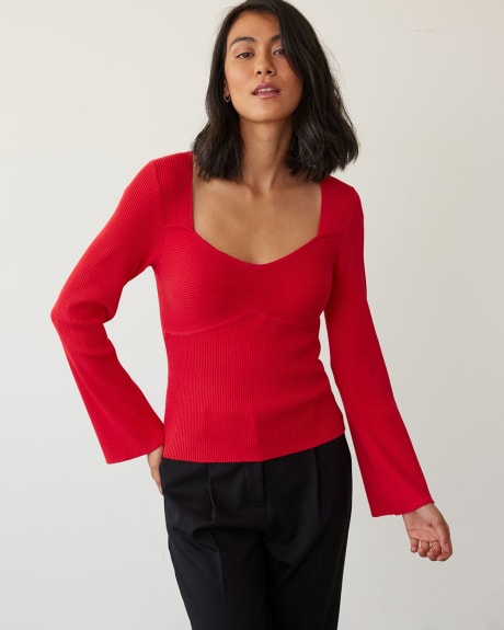 Bustier Effect Bodycon Sweater with Long Pagoda Sleeves