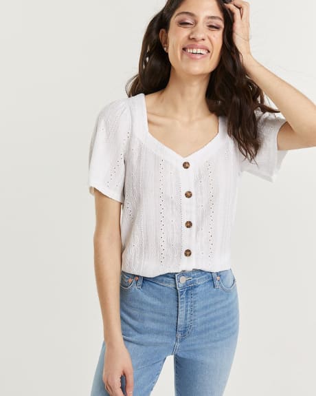 Solid Eyelet Top with Flutter Sleeves