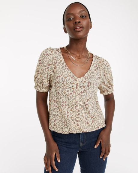 Printed Short-Sleeve Top with Decorative Buttons