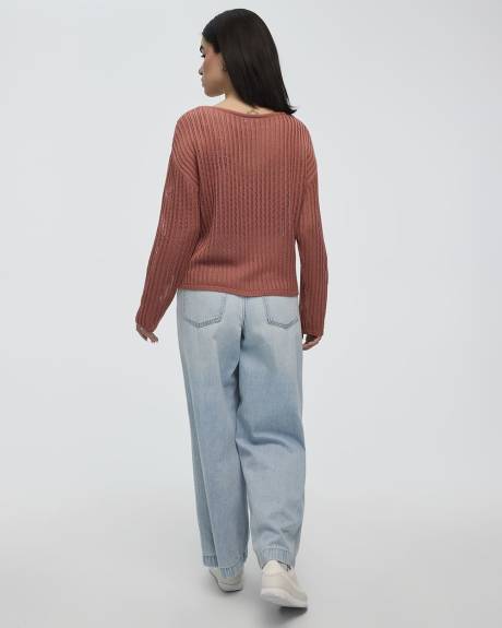 Long-Sleeve Boat-Neck Open-Stitch Pullover