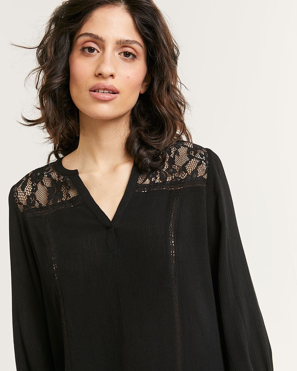 3/4 Sleeve Split Neck Tunic with Lace Inserts