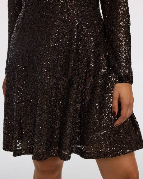 Long-Sleeve Mini Fit-and-Flare Sequins Dress