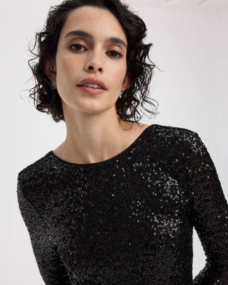 Long-Sleeve Mini Fit-and-Flare Sequins Dress