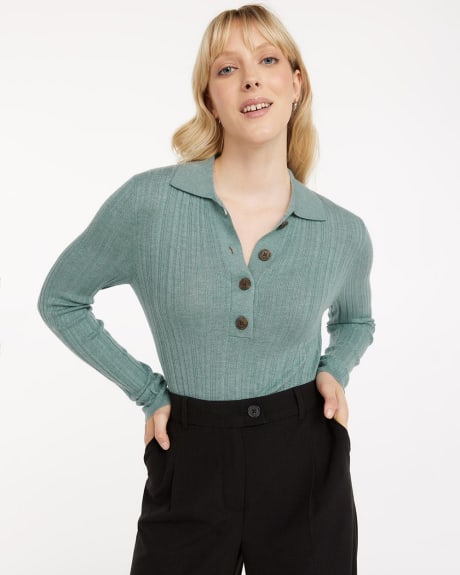 Long-Sleeve Ribbed Polo with Buttoned Placket
