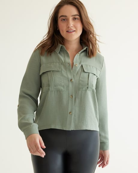3/4-Sleeve Buttoned-Down Twill Blouse with Pockets