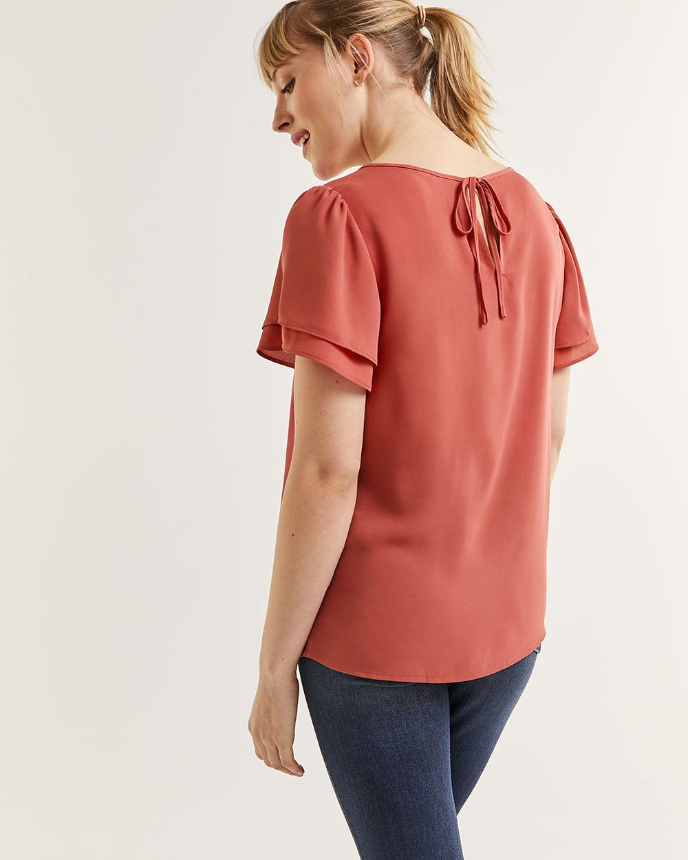 Short Flutter Sleeve Crew Neck Blouse with Back Tie