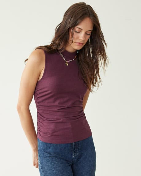 Sleeveless Funnel-Neck Shirred Top