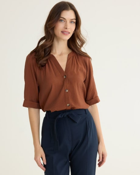 Short-Sleeve Buttoned-Down Blouse with Split Neckline