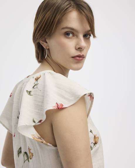 Short-Flutter-Sleeve Split-Neck Buttoned-Down Blouse