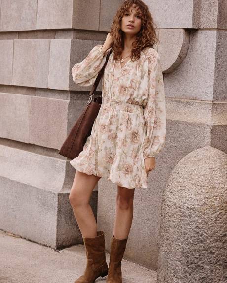 Long-Puffy-Sleeve Bubble Mini Dress with V Neckline