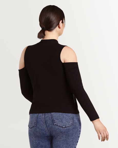 Rib Knit Mock Neck Pullover with Cut Out Shoulders