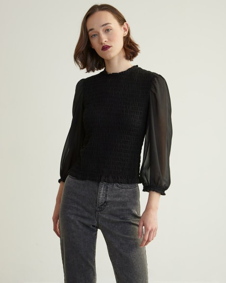 Mixed-Media Crew-Neck Top with 3/4 Sleeves
