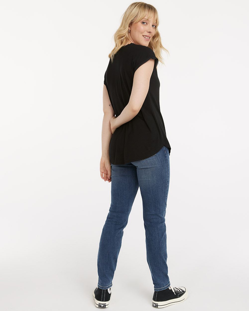 Solid V-Neck Tunic with Short Sleeves
