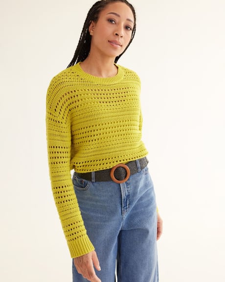 Long-Sleeve Crew-Neck Sweater with Open Stitches