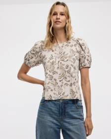 Puffy-Elbow-Sleeve Crew-Neck Top