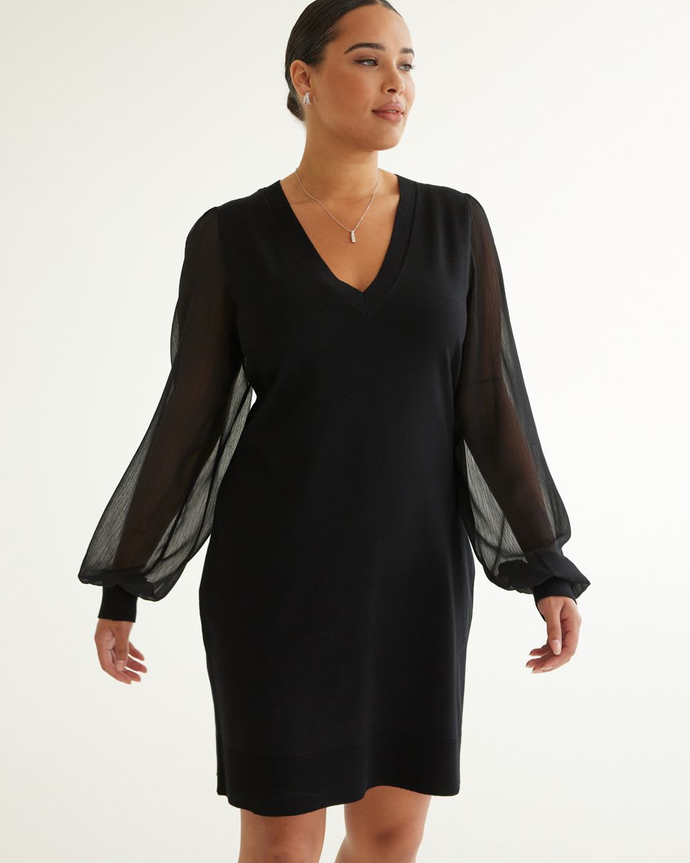 Long-Balloon-Sleeve V-Neck Fitted Dress