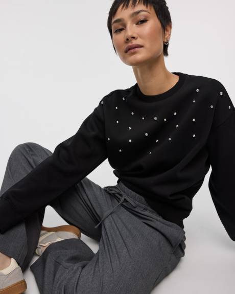 Long-Sleeve Crew-Neck Fleece Sweatshirt with Rhinestones