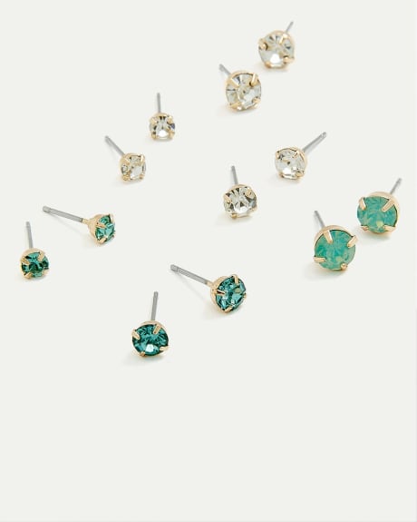 Stud Earrings with Green and Clear Stones - 6 Pairs