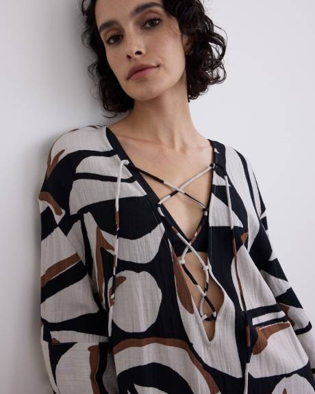 Long-Sleeve V-Neck Loose Mini Dress