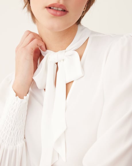 Long-Sleeve Blouse with Self-Tie V Neckline