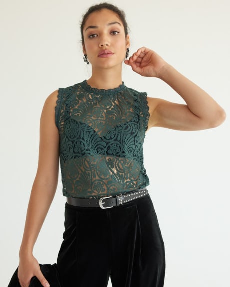 Extended-Sleeve Mock-Neck Lace Blouse