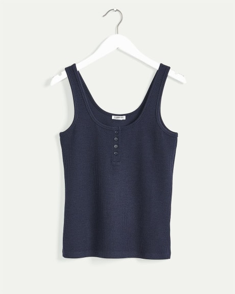 Solid Ribbed Tank with Buttoned Placket