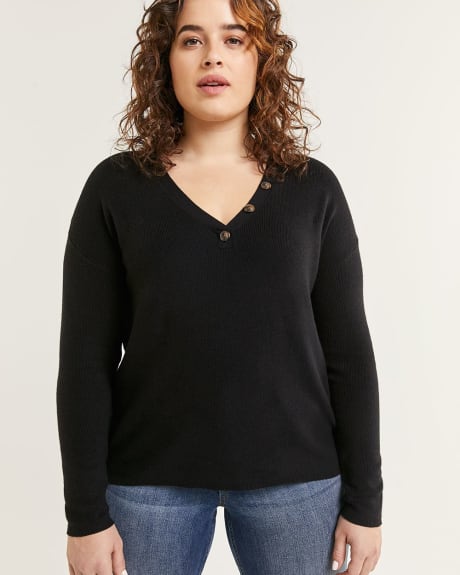 Long Sleeve V-Neck Sweater with Decorative Buttons