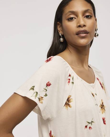 Short-Flutter-Sleeve Open-Neck Buttoned-Down Top