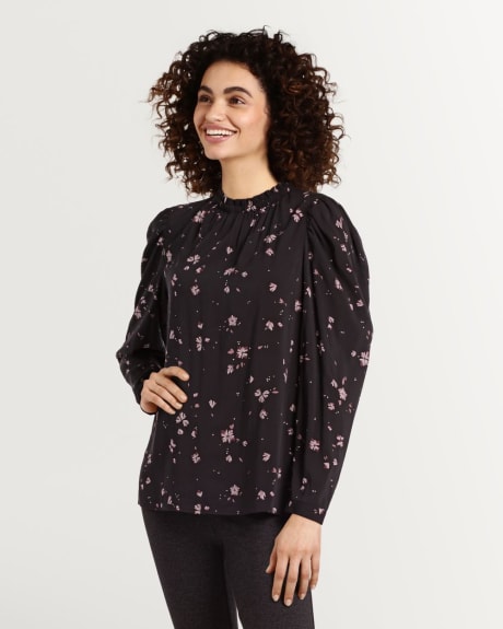 Printed Mock Neck Blouse with Shirring Detail