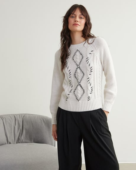 Long-Sleeve Crew-Neck Pullover with Cable Stitches