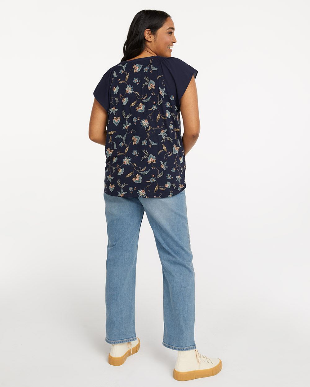 Printed Mixed-Media Split-Neck Blouse with Flutter Sleeves