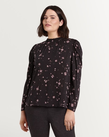 Printed Mock Neck Blouse with Shirring Detail