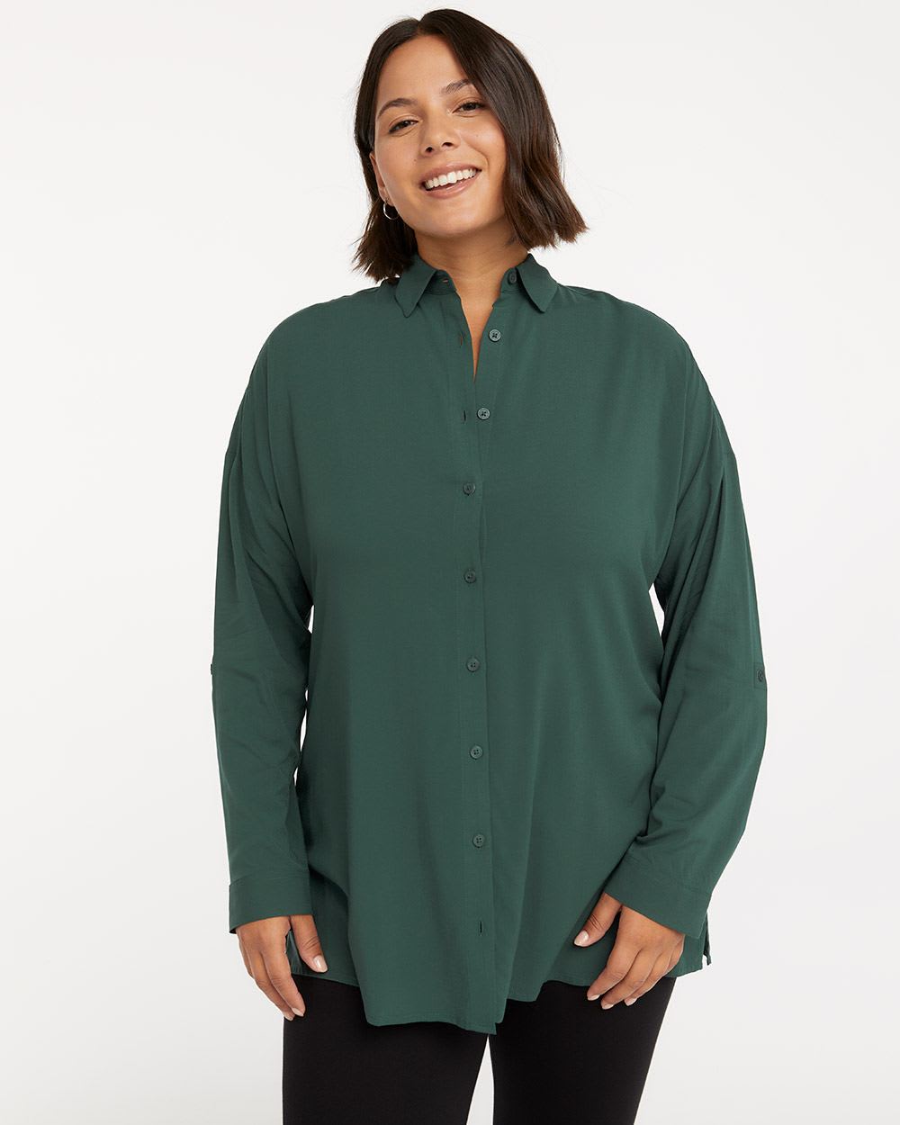 Solid Buttoned Down Tunic with Shirt Collar