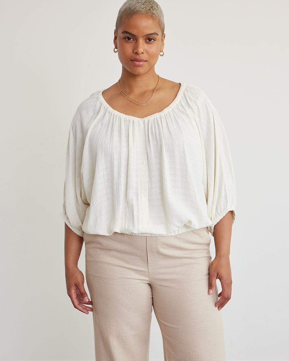 Short-Sleeve Buttoned-Down Blouse with Scoop Neckline