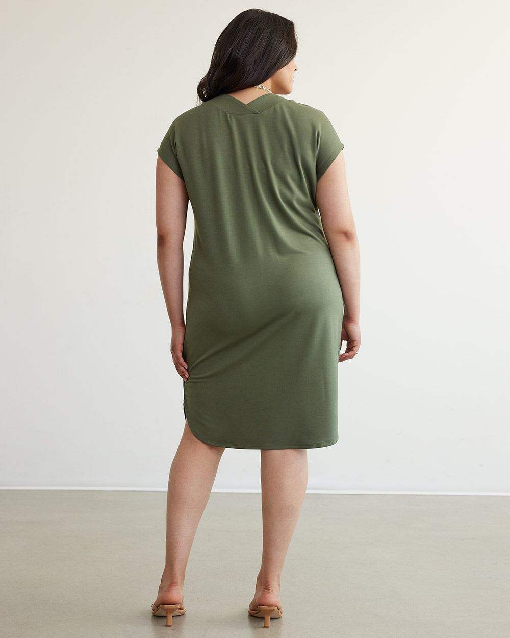 Extended-Sleeve V-Neck Midi Dress