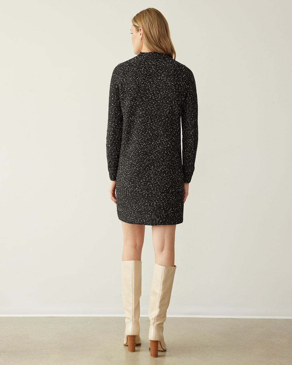 Long-Sleeve Mock-Neck Tweed-Like Sweater Dress