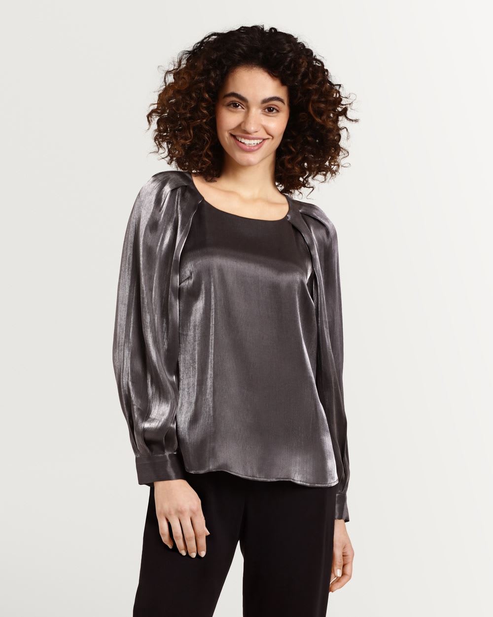 Pleated Long Sleeve Crew Neck Blouse